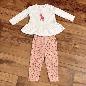 Polo long sleeve top with logo and floral leggings size 12M